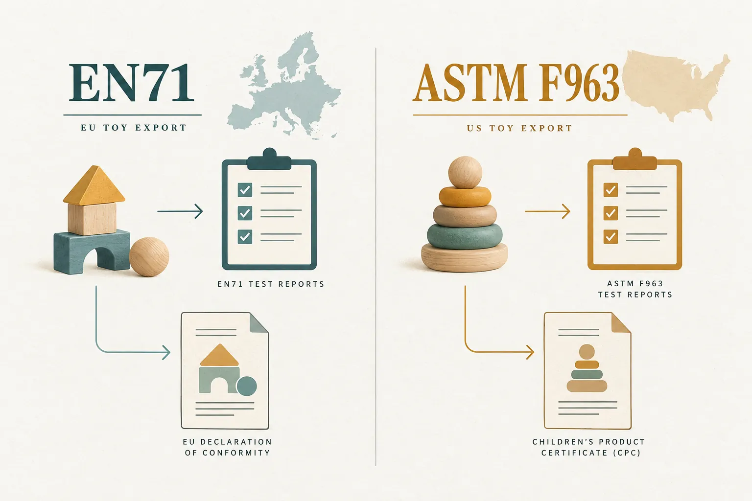 Explanatory diagram for ASTM F963 test reports and a CPC: how US toy importers connect the documents