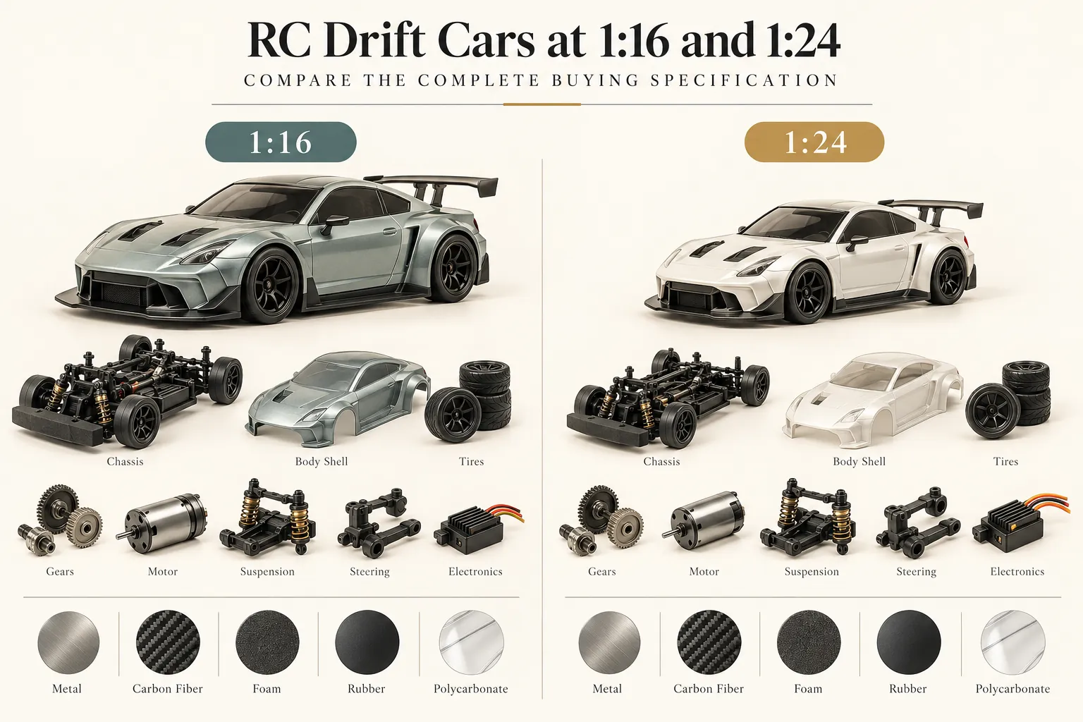 Explanatory diagram for RC drift cars at 1:16 and 1:24: compare the complete buying specification